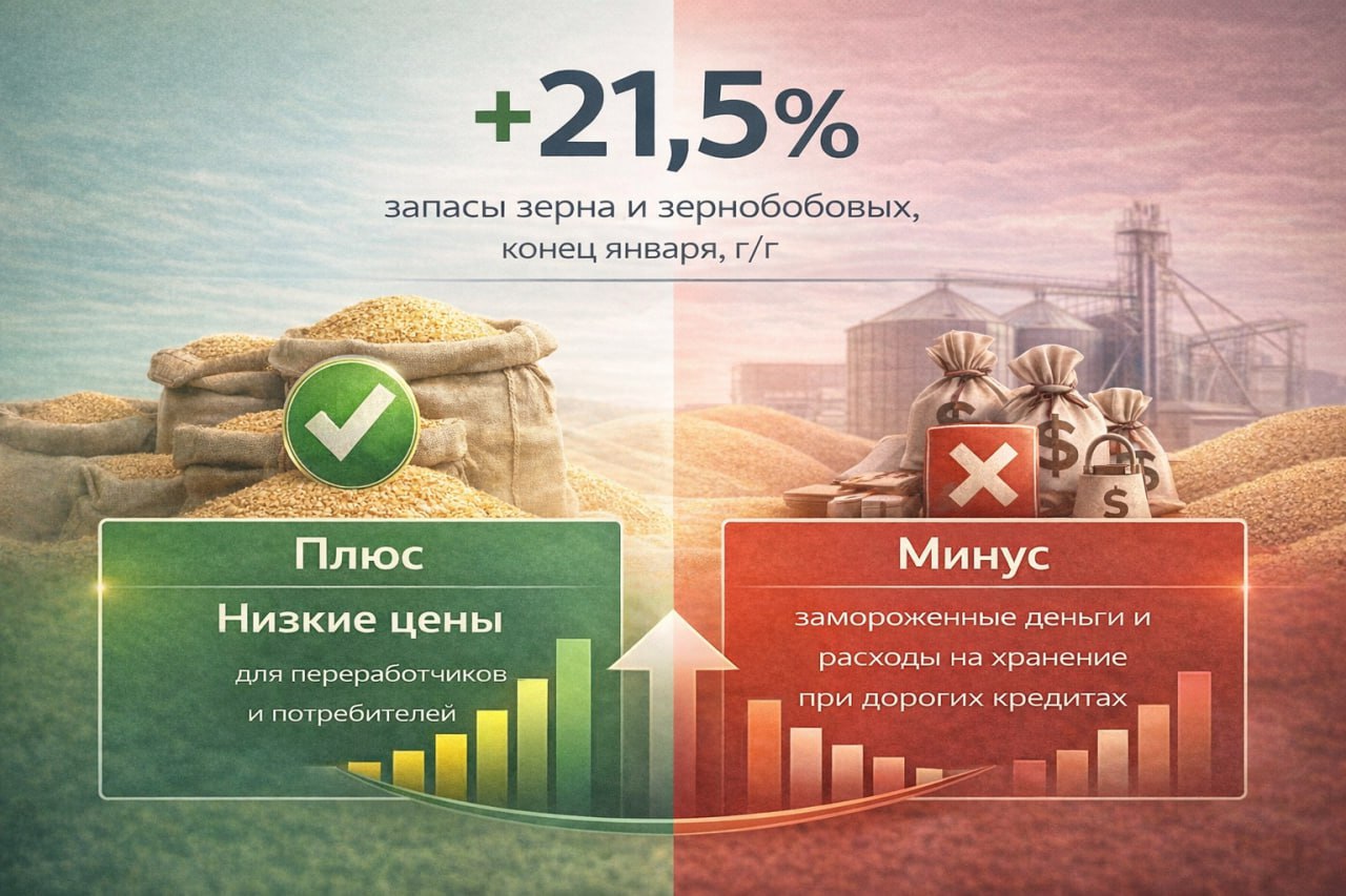 Росстат сообщил что запасы зерна и зернобобовых в сельхозорганизациях на конец января выросли на 21 5 год к году Вроде бы сплошной позитив но для агрорынка это двойственный сигнал С одной стороны когда товара на складе много это сдерживает цены для переработчиков и рядовых потребителей С другой высокий объем запасов означает замороженные деньги и дополнительные расходы на хранение особенно в сезон дорогих кредитов Топ Бизнес Подписаться в MAX