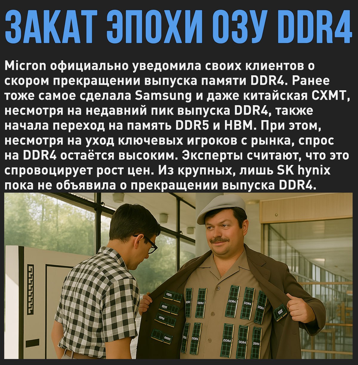 Micron тоже объявила о прекращении выпуска устаревшей DDR4 Ранее, тоже самое сделала Samsung. Всего за 2 недели цены на оперативку взлетели на 50%. Мой Компьютер