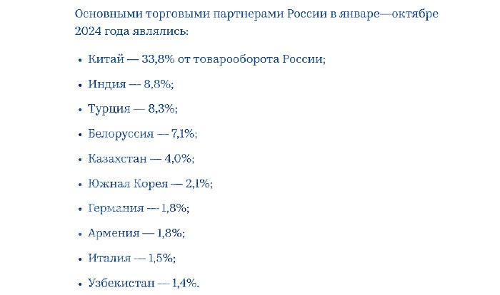 Китай с его 33,8% от товарооборота России - выглядит совершенно логично. Куда любопытнее доля Турции, Белоруссии и Казахстана.  "Таможня раскрыла топ-10 торговых партнеров России".  #Россия #внешняя_торговля_России #ведущие_торговые_партнеры_России