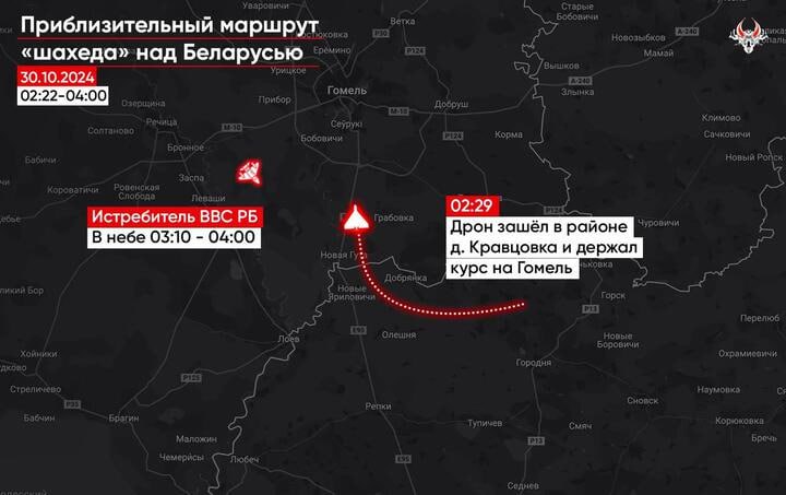 В ночь на 30 октября в Беларусь из Украины залетел минимум один российский дрон-камикадзе типа «Шахед», сообщает «Беларускі Гаюн».  Дрон зашел около 02.29 в районе деревни Кравцовка  Гомельский район  и держал курс на Гомель. Для его перехвата около 03.10 из Барановичей поднимали дежурный истребитель ВВС Беларуси, который вплоть до четырех утра кружил на юго-востоке страны.  Что произошло с «Шахедом» далее — неизвестно. По данным Воздушных сил ВСУ, за ночь было локационно потеряно 25 БПЛА.