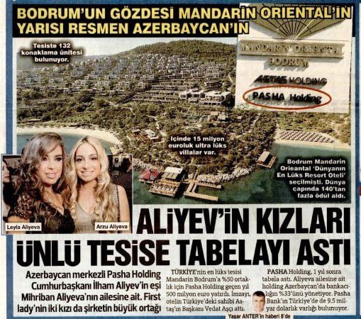 АЗЕРБАЙДЖАНСКИЙ PASHA HOLDING ИНВЕСТИРОВАЛ ОКОЛО 500 МЛН ЕВРО В ОТЕЛЬ MANDARIN ORIENTAL BODRUM В МУГЛЕ  Построенный 11 лет назад в турецкой провинции Мугла отель Mandarin Oriental Bodrum с инвестициями в размере 650 млн евро на 50% принадлежит азербайджанскому холдингу Pasha Holding, сообщает турецкая оппозиционная газета Sözcü.  По её данным, Pasha Holding, который, как утверждается, может быть связан с дочерями президента Азербайджана Ильхама Алиева, инвестировал в отель около 500 млн евро.  Открытый в Бодруме в 2014 году отель располагает 132 номерами и был признан лучшим курортным отелем класса люкс в Европе и мире, получив более 140 международных наград.   Как напоминает Sözcü, председатель правления турецкого холдинга Astaş, которому принадлежит отель, Ведат Ашджы и генеральный директор Pasha Holding Джалал Гасымов подписали соглашение о партнёрстве. По словам Ашджы, «это сотрудничество выгодно для всех участников и туристического сектора»