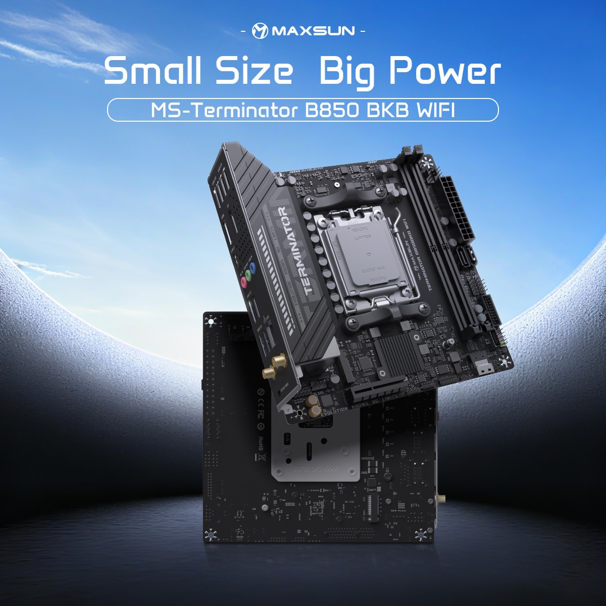 MaxSun представила материнскую плату B850 с обратным PCI E разъёмом Компания анонсировала Mini ITX плату MS Terminator B850 BKB WiFi с разъёмом PCI E на тыльной стороне для прямой установки видеокарты без райзера Решение упрощает компактные сборки но требует специальных корпусов Плата поддерживает процессоры AM5 PCIe 5 0 и до 96 ГБ DDR5 гениальное решение для SFF будут проблемы с совместимости Следи за новостями VA PC Наш менеджер для связи