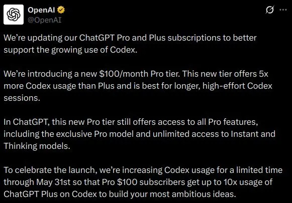 OpenAI релизнули подписку ChatGPT Pro за 100 Он всё так же даёт доступ к GPT 5 4 Pro и прочим фичам Pro подписки помните про ChatGPT Pulse но с меньшими лимитами на Codex Пользователи нового Pro тира будут получать 5x использования Codex по сравнению с Plus но до 31 мая действует акция которая удваивает использование для всех Pro пользователей то есть на почти два месяца лимиты в 10x больше чем у Plus ai newz