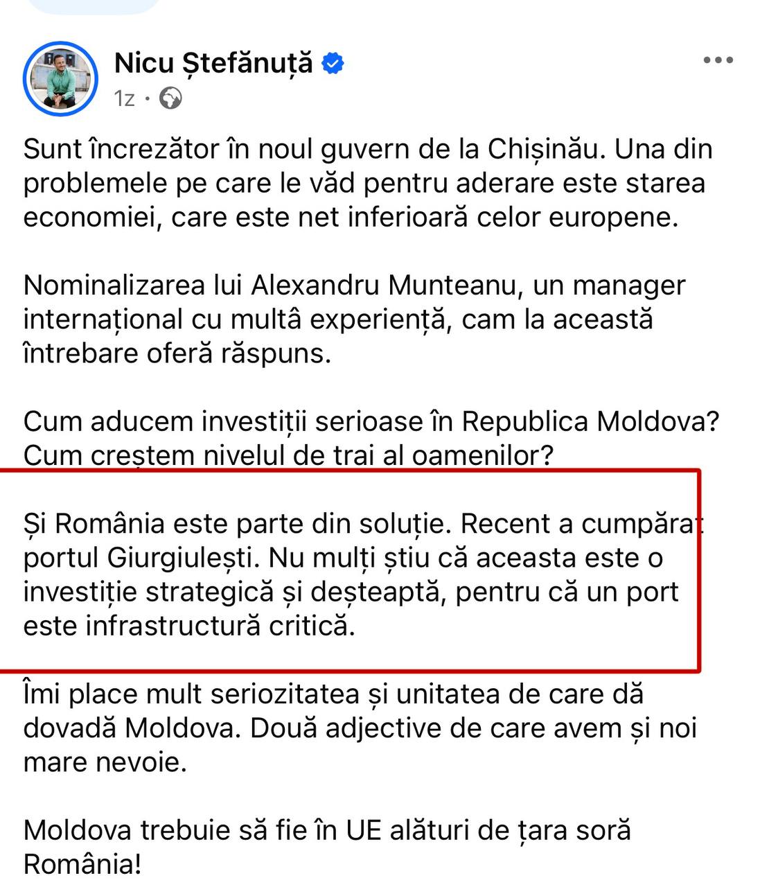 Румынский евродепутат после встречи с премьером Мунтяну Румыния приобрела международный порт Джурджулешты Евродепутат Нику Штефэнуцэ сообщил что Румыния приобрела международный порт Джурджулешты единственную морскую гавань Молдовы Эта информация была обнародована после встречи премьера Молдовы Александру Мунтяну с румынскими евродепутатами По словам Штефэнуцэ сделка это стратегическая и умная инвестиция учитывая важную роль порта в инфраструктуре Молдовы и его значение для региональных логистических цепочек Подпишись на primulinmd