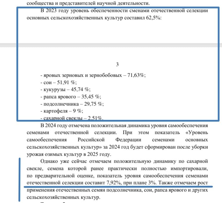 В Минсельхозе России отчитались, что беспокоиться по самообеспечению семян не стоит. В ведомстве решили сделать это на примере сахарной свеклы. Однако уже сейчас отмечаем положительную динамику по сахарной свекле, семена которой ранее практически полностью импортировали, по предварительной оценке, показатель уровня самообеспечения семенами отечественной селекции составит 7,92%, при плане 3%, — следует из ответа ведомства в адрес Российского зернового союза. Успехи по импортозамещению семян других культур, ведомство не уточняет. При этом обратим внимание, что в 2023 году только по картофелю самообеспечение составляло 9%.