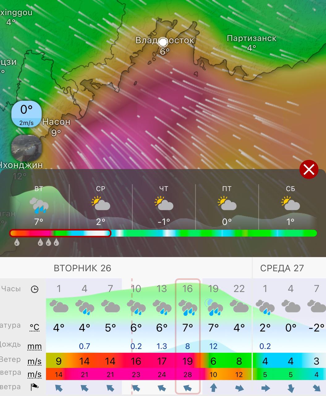 После обеда ветер во Владивостоке усилится до максимальных значений.  Основную угрозу сегодня представляют не осадки, которые тоже будут, а сильный ветер.