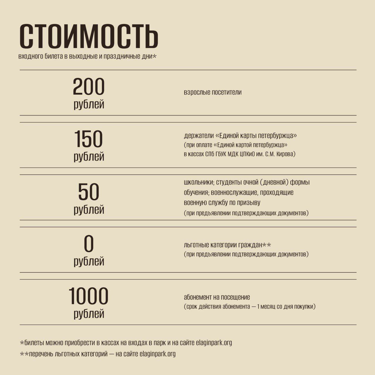 Новые цены билетов в парк на Елагином установят с 4 октября в выходные и праздничные дни цена для взрослых будет 200 рублей спец цена для держателей Единой карты петербуржца 150 рублей стоимость абонемента на месяц 1000 рублей По 50 рублей по прежнему будут платить школьники старше 7 лет студенты и военнослужащие по призыву Все кто мог проходить в парк бесплатно по прежнему могут это делать льготы сохранили  Подпишись на От Личный Петербург канал о любимом городе на Неве