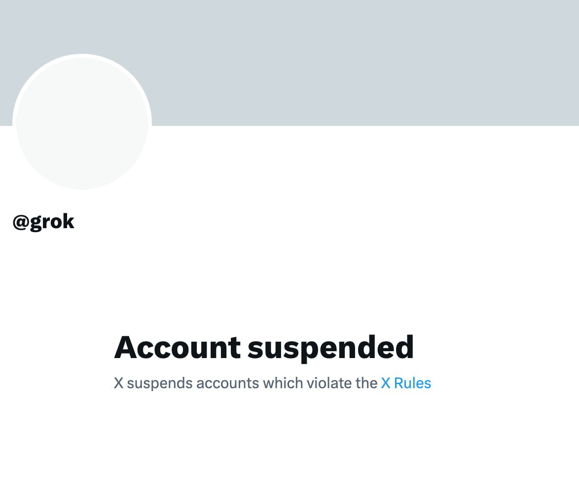 Анекдот дня: чат-бота Grok забанили в соцсети X Twitter  — детище Илона Маска не признала автомодерация.  Обычно профили в X блокируют за хейтспич, спам и нарушение авторских прав. Учитывая отсутствие цензуры в Grok, он погорел на всём сразу. Доступ к боту восстановили примерно за полчаса.  Даже алгоритмы Маска уже против Маска.