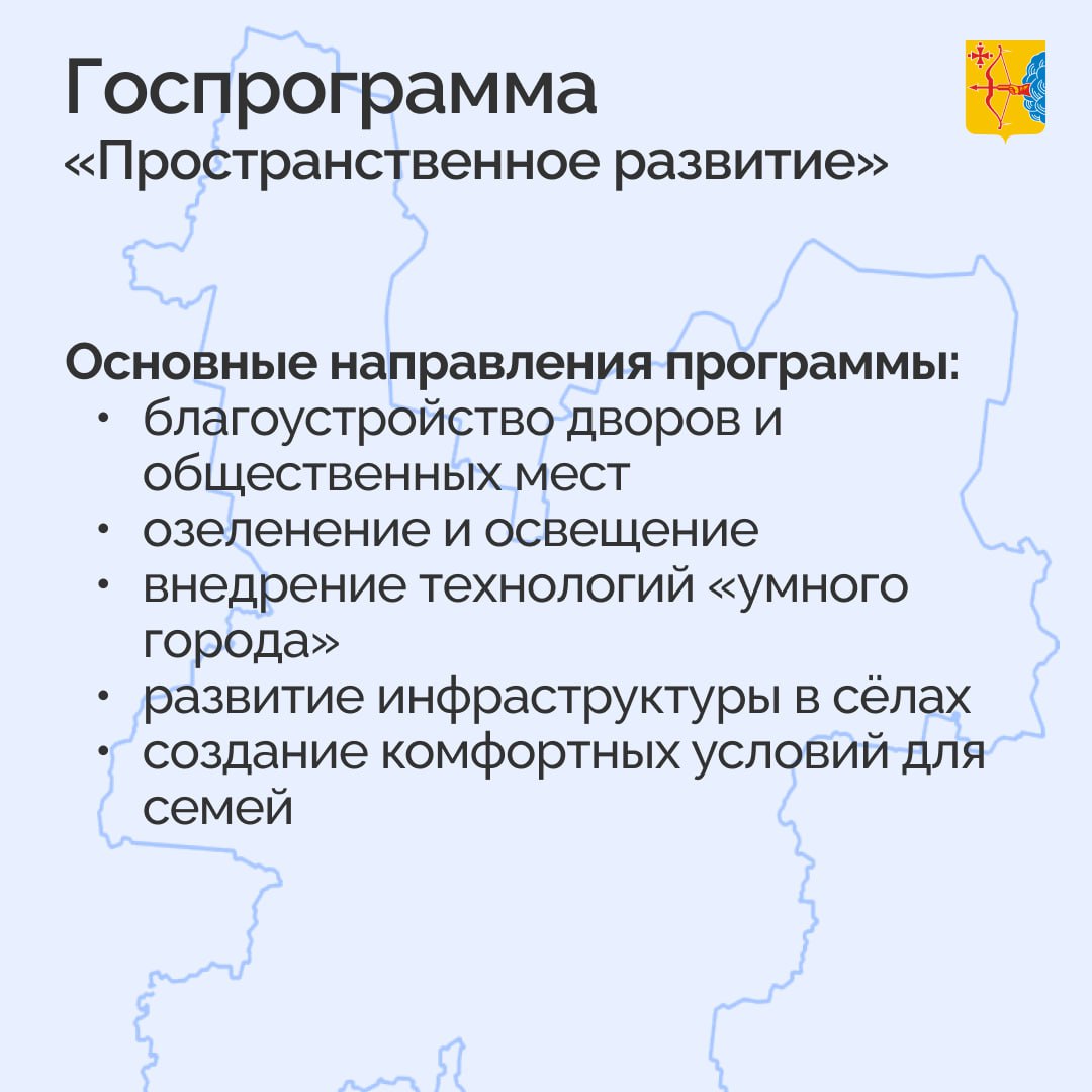 В Кировской области утверждена государственная программа «Пространственное развитие». Её цель — сбалансированное развитие территорий и улучшение качества жизни людей. К приоритетам пространственного развития относятся: — благоустройство дворов и общественных мест — озеленение и освещение — внедрение технологий «умного города» — развитие инфраструктуры в сёлах — создание комфортных условий для семей Для более эффективного развития в регионе определены 42 опорных населенных пункта: — г. Киров, г. Кирово-Чепецк, г. Слободской — городская агломерация — г. Омутнинск — населенный пункт, в котором реализуются инвестиционные проекты, существенно влияющие на экономику территории — ЗАТО Первомайский — крупнейший по численности населенный пункт в составе закрытого административно-территориального образования — 37 населенных пунктов — населенные пункты, которые являются основными центрами предоставления социальных услуг для одного или нескольких муниципальных образований Кировская область
