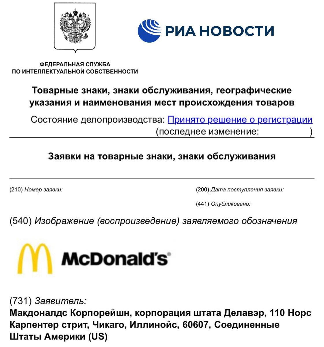 McDonald s зарегистрировал товарный знак в России Подписаться на РИА Новости