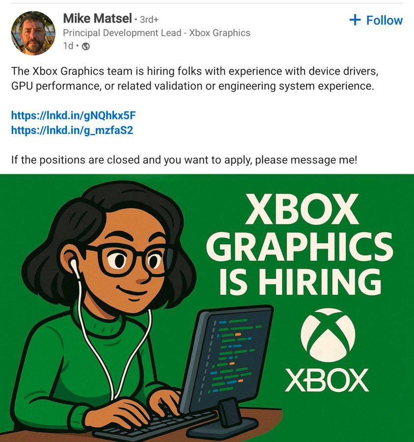 Сотрудник из Microsoft выложил вакансии в отделе Xbox Graphics с картинкой, на которой девушка работает за развёрнутым монитором А что ещё случилось?