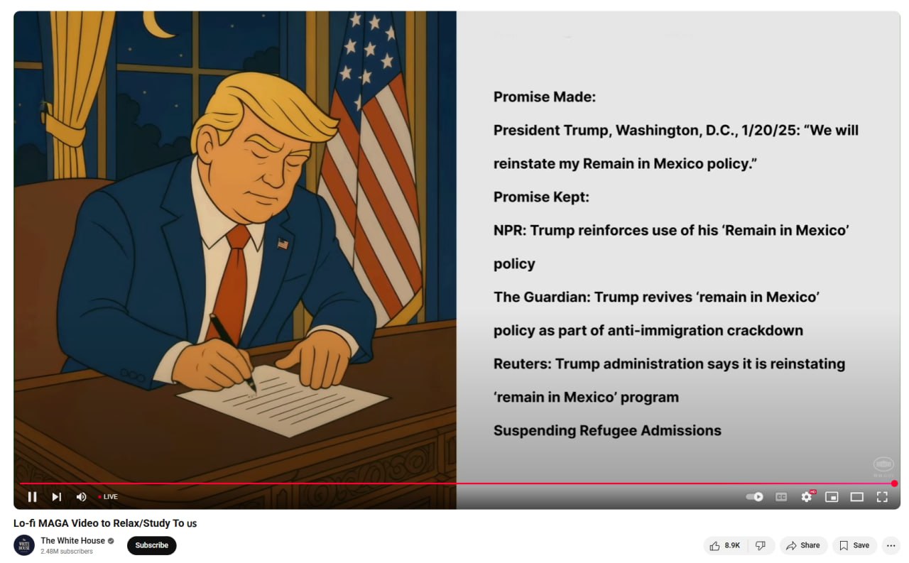 Дональд Трамп прямо на странице Белого Дома запустил Lo-Fi стрим где перечисляют какие обещания президентства он уже исполнил.