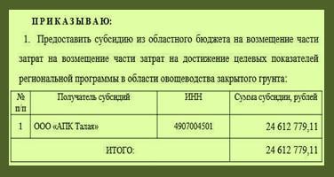 Ну, теперь у овощевода Басанского огурцы должны подешеветь!   Без излишнего шума и битья в литавры министр сельского хозяйства Колымы Николай Кошеленко подписал 26 ноября сего года приказ № 77-СУБ. В соответствии с документом из областного бюджета будет выделена субсидия в размере 24,6 млн рублей. Получателем денежных средств является агропромышленный комплекс «Талая», принадлежащий депутату-бизнесмену Александру Басанскому.   Раз из бюджета выделены такие деньжищи, то жители Магаданской области вполне могут рассчитывать на скорое снижение цены на огуречно-томатную продукцию, выращиваемую агрокомплексом. По этому поводу хотелось бы услышать соответствующие заверения из уст владельца комплекса. Деньги-то ведь он получил из бюджета, который, как известно, наполняется налогами колымчан…