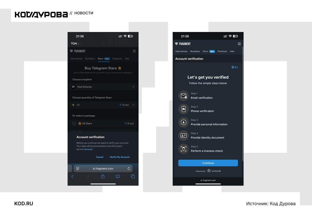 KYC на Fragment  Популярная площадка для покупки Telegram Stars, анонимных номеров, юзернеймов и Premium-подписки за TON ввела процедуру верификации пользователя.  — Fragment теперь требует пройти KYC при попытке приобрести «звёзды», убедились в редакции «Кода Дурова».   — Для прохождения верификации задействован сторонний сервис Sumsub, который задействует ИИ-систему проверки личности пользователей и корпоративных клиентов.  — Отныне для приобретения Telegram Stars за TON пользователь обязан предоставить свой email, номер телефона, скан документа, удостоверяющего личность, а также скан лица.  Причины для введения KYC-процедуры официально сервисом на текущий момент не объявлялись     Подписаться