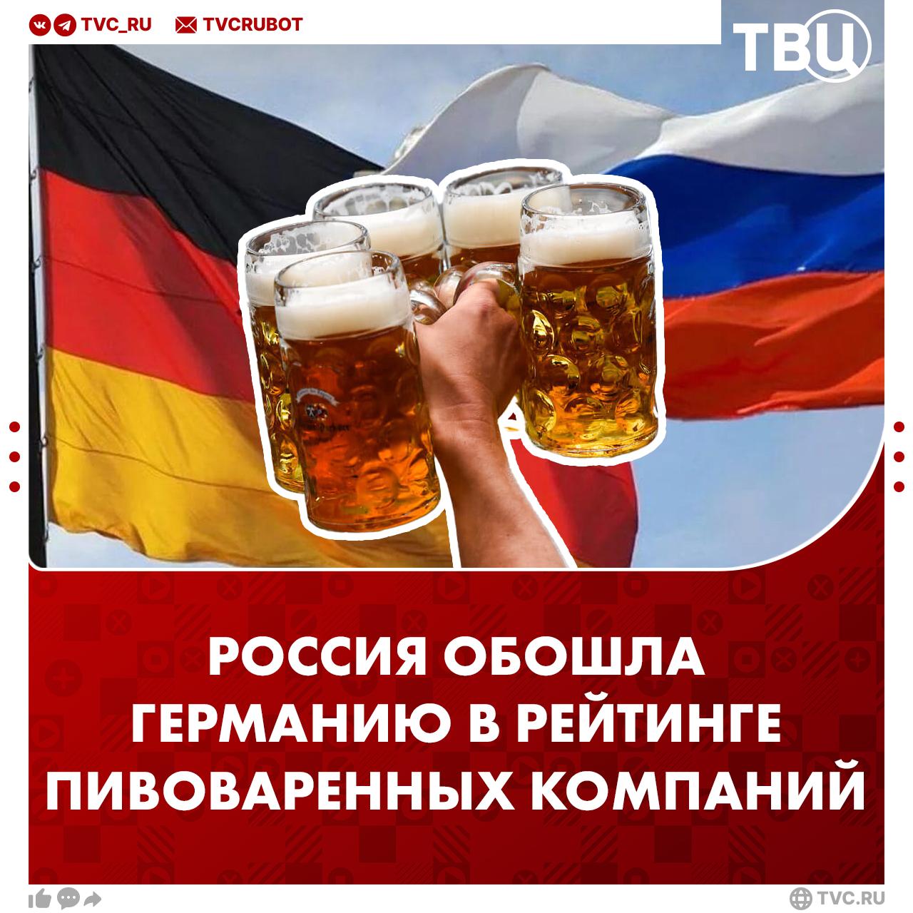 Россия обогнала Германию в международном рейтинге крупнейших пивоваренных компаний  Согласно исследованию немецкой компании Barth Haas в топ-40 крупнейших пивоваренных компаний 2025 года вошли две российские, одна из которых выше всех немецких — 12 место.   Неудачи в пивном бизнесе Германии аналитики связывают с последствиями антироссийских санкций, которые осложнили экспорт и поставки сырья для немецких предприятий.