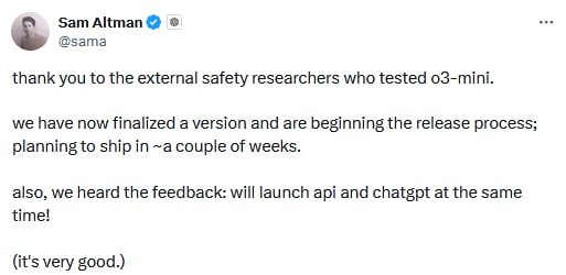 Сэм Альтман сообщил о завершении работы над большой языковой моделью o3-mini, которую предполагается запустить в ближайшие пару недель. Он добавил, что компания учла пожелания пользователей и планирует выпустить интерфейс   API  и ChatGPT одновременно.    PRO AI   ПОЛЕЗНЫЙ СОФТ   НОВОСТИ
