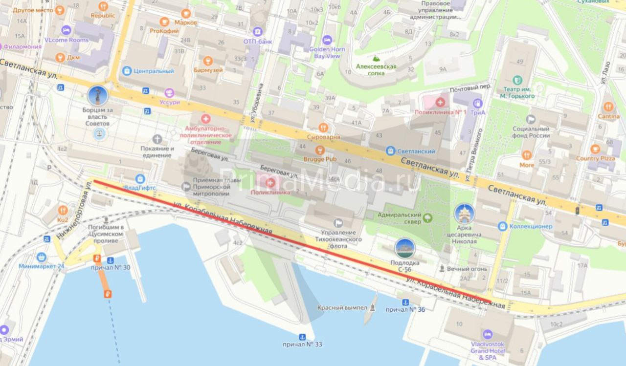 На Корабельной набережной во Владивостоке временно ограничат движение 14 июня В следующую субботу, с 11.00 до 15.00, будет ограничено движение и парковка от Корабельной Набережной,1 до улицы Петра Великого, 2. Причина — торжественное мероприятие, посвящённое выпуску офицеров и мичманов ТОВВМУ. Фото: Яндекс.Карты 12+ PrimaMedia Прислать новость