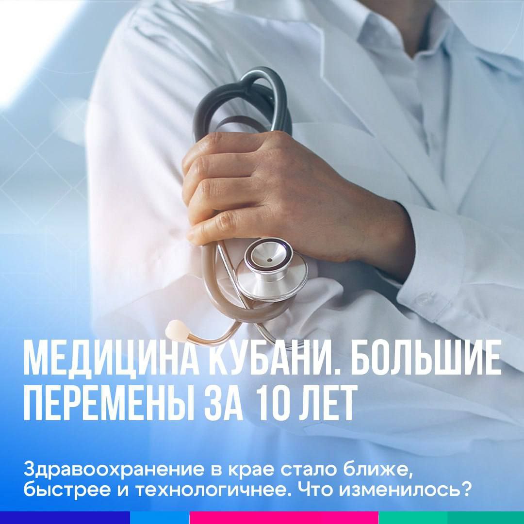 За последние 10 лет медицина в Краснодарском крае сделала большой рывок: это касается и больших городов, и маленьких сел и станиц.     Если говорить о столице Кубани — в городе продолжается  строительство поликлиник, в том числе в отдаленных и густонаселенных районах.  В Краснодаре в последние годы строятся современные медицинские центры. Так, возведен лечебно-диагностический корпус Детской краевой больницы, проведен первый этап второй очереди реконструкции Краевой клинической больницы №1 имени Очаповского. В медицинские учреждения краевого центра только за последние 6 лет поступило 1044 единицы диагностического оборудования и 22 автомобиля.   Также в столице региона построили детскую поликлинику на 300 посещений в смену в микрорайоне Гидростроителей, в настоящее время идёт строительство ещё пяти в разных районах города, в пригороде. Все пять учреждений возводят в Прикубанском округе – по ул. Куликова Поля, по ул. им. Кирилла Россинского, по ул. им. Петра Метальникова и ул.Московской, в станице Елизаветинской и по ул. Ростовское Шоссе.  Благодаря целенаправленной политике губернатора Вениамина Кондратьева здравоохранение стало доступным, быстрым и технологичным. Главное достижение — повсеместное внедрение современной диагностики. Если в 2014 году в крае было всего 49 компьютерных томографов, к 2025 году их число выросло до 143. Теперь в каждом муниципалитете есть КТ.  Особое внимание уделено сельской медицине. Сегодня в крае действует 289 ФАПов и врачебных кабинетов, ещё 34 объекта строятся в 2025 году.    «Открытие врачебных офисов, ФАПов и поддержка здравоохранения — это новый уровень оказания помощи на современном оборудовании в комфортных условиях», — отмечает губернатор Краснодарского края Вениамин Кондратьев.   _____________________________ Есть интересная новость?   Присылайте нам     Краснодар Сегодня    ПРИСЛАТЬ НОВОСТЬ