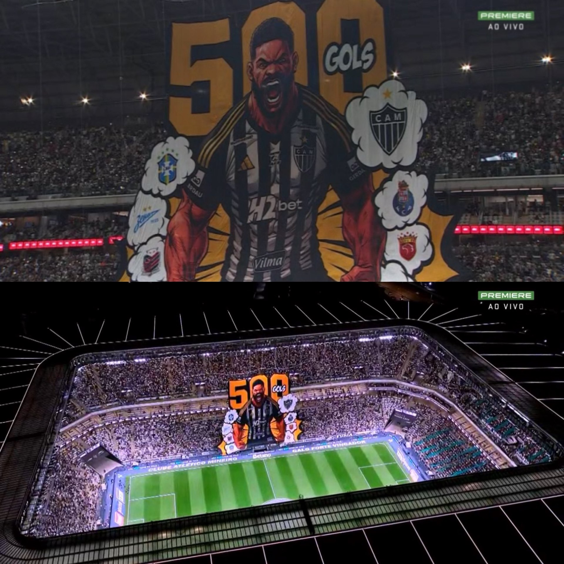 Атлетико Минейро масштабно поздравил Халка с 500 м голом в карьере В честь этого события клуб подготовил огромный баннер и окрасил стадион в зелёный цвет устроив невероятно красивый перфоманс