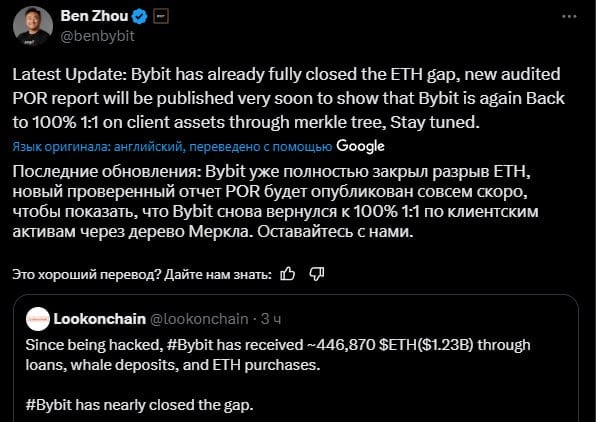 Bybit восстановил 100% резервов и готовит отчет  Генеральный директор Bybit Бен Чжоу заявил, что биржа полностью восстановила резервы Ethereum и ликвидировала "разрыв" после недавнего инцидента.  Bybit готовит новый аудированный отчет о подтверждении резервов  Proof of Reserves , который будет построен на механизме дерева Меркла. В отчете будет подтверждено, что клиентские активы обеспечены в соотношении 1:1. Публикация ожидается в ближайшее время.    #новости_рынок