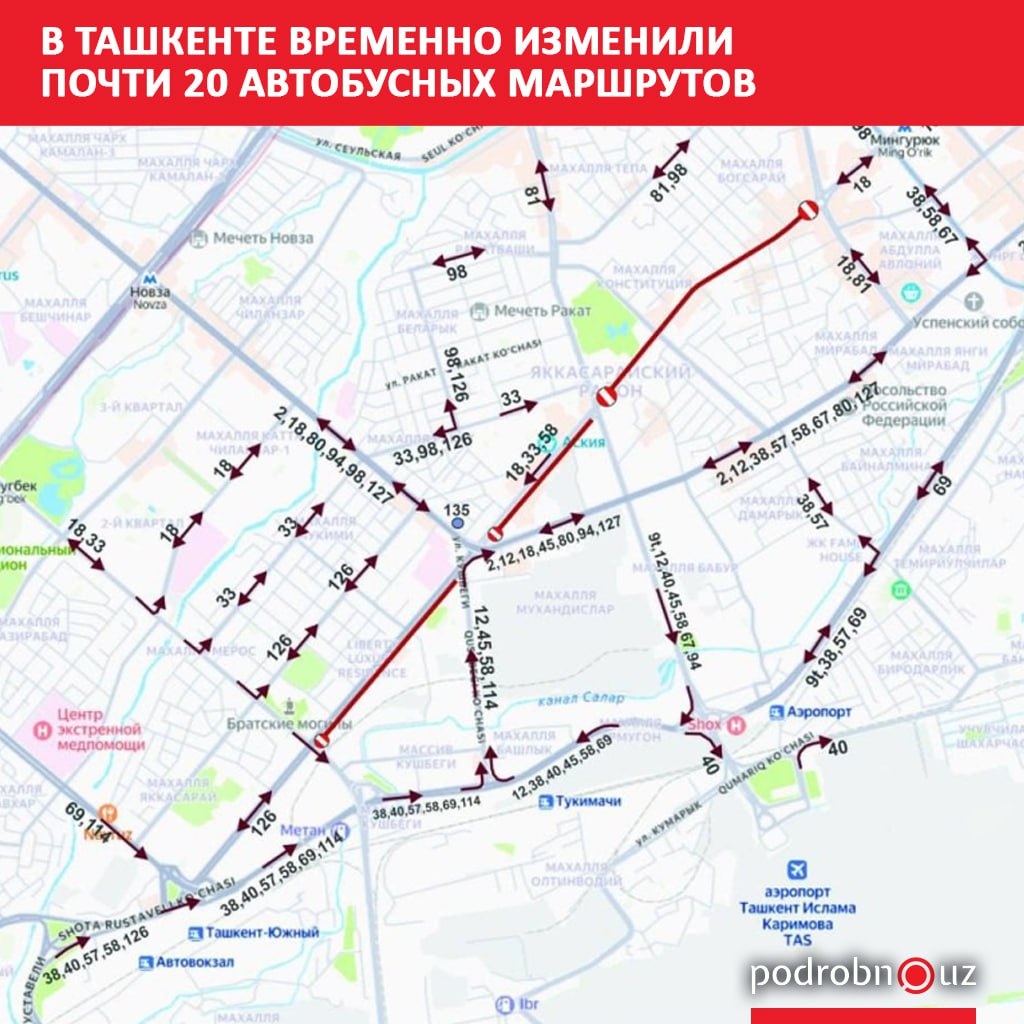 В столице временно изменено движение около 20 автобусных маршрутов из за строительных работ на участке улицы Шота Руставели от гостиницы Grand Mir до улицы Чапаната Пассажиров предупреждают о возможных пробках и увеличении интервалов движения podrobno uz cat obchestvo v tashkente vremenno izmenili pochti 20 avtobusnykh marshrutov Telegram Instagram Facebook Читать на узбекском