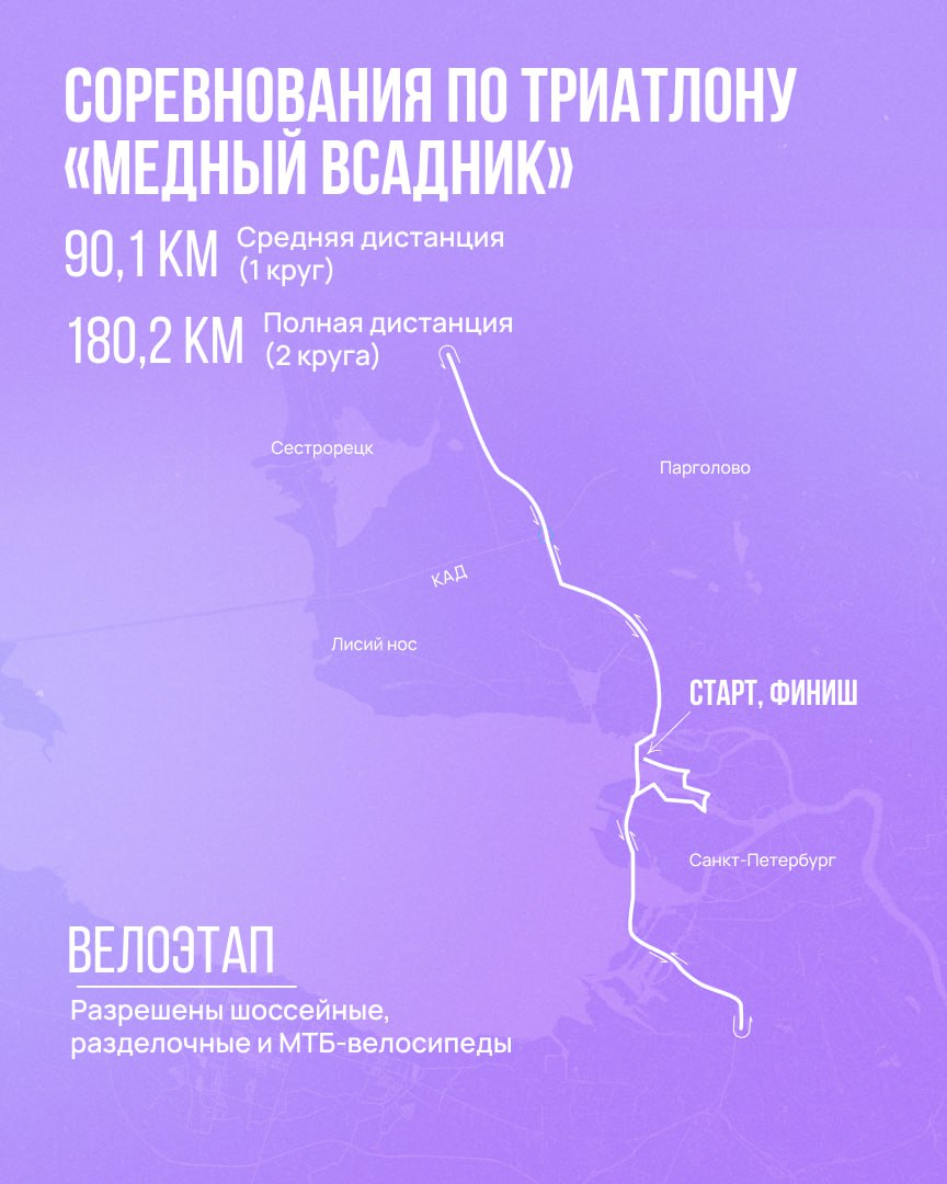 ‍   ‍  Уже завтра в Петербурге пройдут соревнования по триатлону «Медный всадник»   В городе будут действовать временные ограничения для движения транспорта. На карточках — маршруты велосипедного и бегового этапов соревнований. Подробнее о перекрытиях можно узнать в статье.  Будьте бдительны, планируйте маршрут заранее!