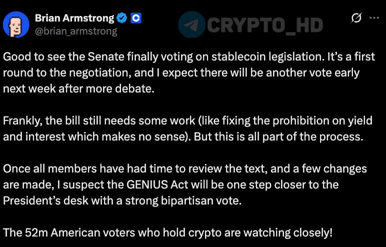 CEO Coinbase: Я ожидаю, что в начале следующей недели пройдет повторное голосование по законопроекту о регулировании стейблкоинов. Честно говоря, законопроект все еще нуждается в доработке. Но все это - часть процесса. Как только у всех членов комиссии будет время ознакомиться с текстом и будут внесены некоторые изменения, я подозреваю, что благодаря сильному двухпартийному голосованию Закон GENIUS станет на шаг ближе к президентскому столу. 52,000,000 американских избирателей, владеющих криптовалютой, внимательно следят за этим! Crypto Headlines