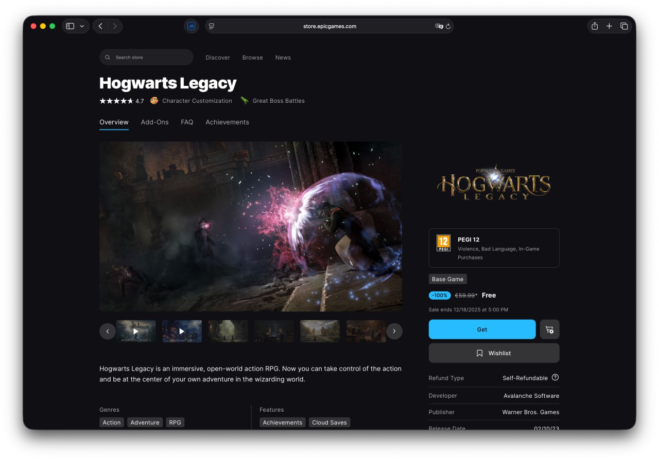 Началась раздача Hogwarts Legacy в EGS отправиться учиться в Хогвартс можно бесплатно В игре дают примерить на себя роль молодого мага который попадает в школу волшебства за 100 лет до Гарри Поттера Можно исследовать огромный мир кататься на фантастических зверях и летать на метле прямо как в фильмах Забираем по ссылке раздача продлится до 18 декабря