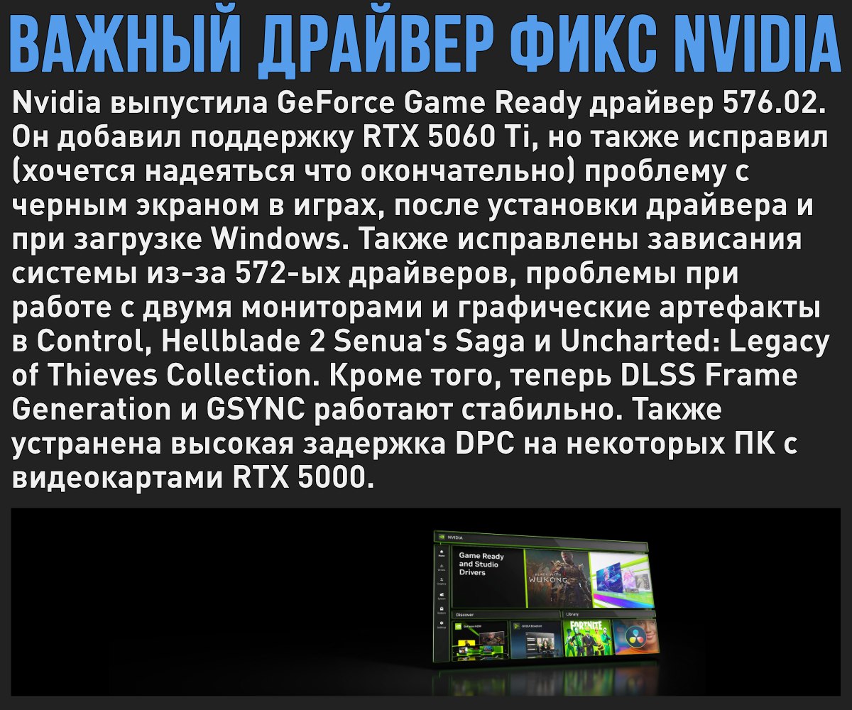 Nvidia выпустила важный драйвер Game Ready 576.02 WHQL, который исправил многочисленные проблемы с черным экраном, вылетами игр, артефактами и генератором DLSS Мой Компьютер