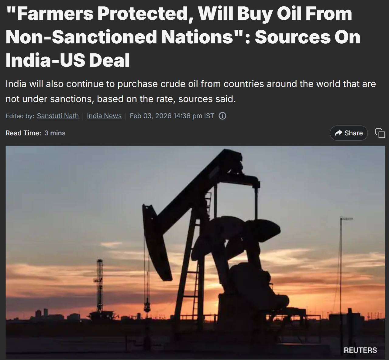 Индия будет продолжать импортировать нефть из разных стран по действующим рыночным ценам при условии что эти страны не подлежат санкциям сообщает NDTV Индия и США достигли торгового соглашения которое не окажет негативного влияния на интересы сельских производителей В соответствии с этим соглашением Индия продолжит закупать нефть у тех государств где не введены санкции Также оно предусматривает снижение пошлин на индийские товары и закупку американской продукции