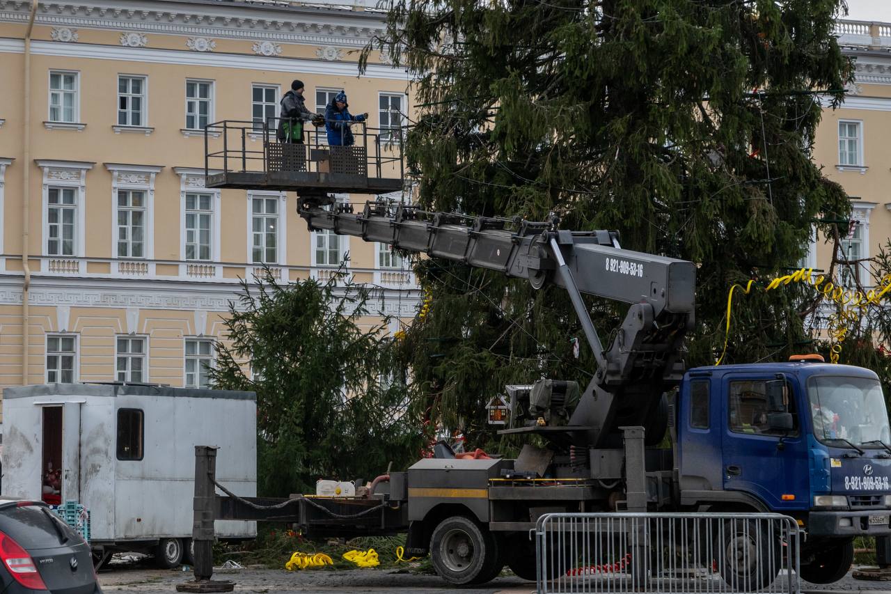 Новогодние ёлки «задержались» в Петербурге до Дня влюбленных из-за нехватки рабочих рук    Причиной задержки стала нехватка рабочих, а также увеличение объема работ, переданных «Городскому центру рекламы и праздничного оформления» от районных администраций, сообщает «ДП».     В результате, праздничные деревья все еще украшают городские улицы, соседствуя с памятными символами, посвященными годовщине снятия блокады Ленинграда.    Всего в городе установлено более сотни елок, включая 84 искусственные и две живые – на Дворцовой площади и в Кронштадте. Специалисты объясняют, что физически невозможно оперативно демонтировать все конструкции одновременно.  Фото: «Деловой Петербург»