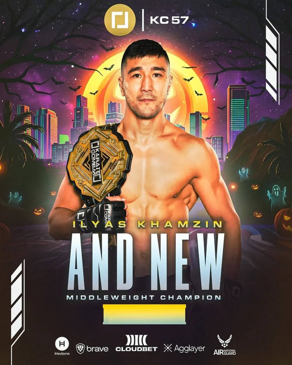 Ильяс Хамзин завоевал пояс чемпиона Karate Combat в среднем весе В ночь на 1 ноября в Майами штат Флорида прошел турнир Karate Combat 57 В главном событии ивента состоялся поединок за вакантный пояс чемпиона организации в среднем весе между Ильясом Хамзиным и Адрианом Уэзерсби Бой продлился пять раундов и завершился победой россиянина судейским решением telesportudar