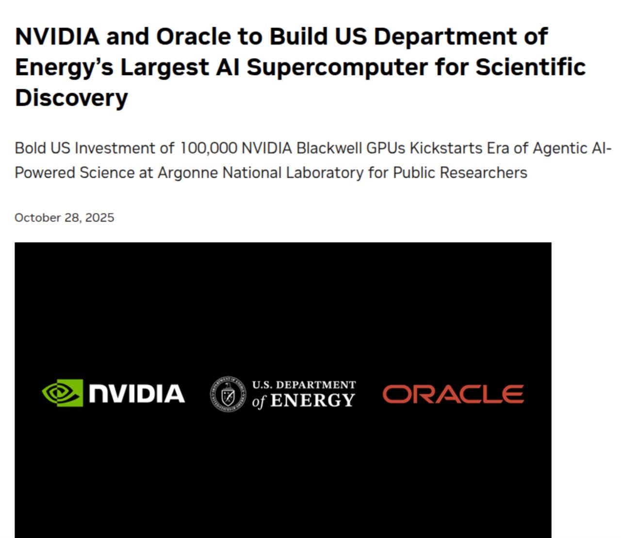 США строят ИИ суперкомпьютеры нового поколения для открытой науки На конференции NVIDIA GTC DC 2025 представили масштабный проект Argonne National Laboratory получит два суперкомпьютера на базе архитектуры Blackwell Solstice и Equinox Solstice главный вычислительный центр с 100 000 GPU NVIDIA Blackwell Equinox вспомогательная система с 10 000 GPU запуск ожидается в первой половине 2026 года Вместе они обеспечат до 2 200 экзафлопс производительности для ИИ задач в области материаловедения климата и биологии Это будет флагманская инфраструктура Министерства энергетики США доступная для публичных исследователей Обучение моделей будет идти через Megatron Core библиотеку NVIDIA для распределения моделей и данных между тысячами GPU с высокой стабильностью и загрузкой Инференс обеспечит TensorRT компилирующий модели в оптимизированные ядра для минимальной задержки и высокой пропускной способности Особенность проекта прямая интеграция с научными установками вроде Advanced Photon Source модели смогут анализировать потоки данных в реальном времени и запускать эксперименты без задержек на передачу информации Итог США создают открытую платформу для науки где агентные ИИ модели будут помогать исследователям открывать материалы лекарства и климатические решения нового поколения