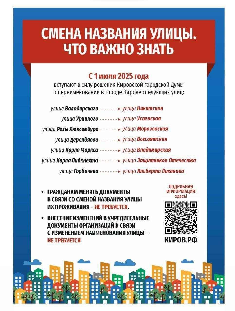 На Вятской земле, где в эти дни идёт Великорецкий Крестный ход, вернут улицам исторические названия С 1 июля семь улиц Кирова получат новые названия. Решение об этом городская Дума приняла 19 декабря 2024 года. Улица Карла Маркса снова станет Владимирской, Урицкого – Успенской, Володарского – Никитской, Дерендяева – Всесвятской, Розы Люксембург – Морозовской. Как подчеркивала Вятская епархия, эти названия имеют глубокие корни, восходящие ко временам, когда город был известен как Хлынов – столица Вятской земли. Улицы тогда формировались веером от площади старого торга располагавшейся за современным Спасским собором и были неразрывно связаны с городскими святынями, храмами и историей. «Так было до осени 1918 года, когда в дни «красного террора» новая власть переименовала все улицы и так одним росчерком пера перечеркнула несколько столетий истории, разорвав связь времен и поколений, навязав жителям города совсем другие идеалы, нередко прямо противоположные тому, чем жили и что ценили предки вятчан», — отмечают в епархии.