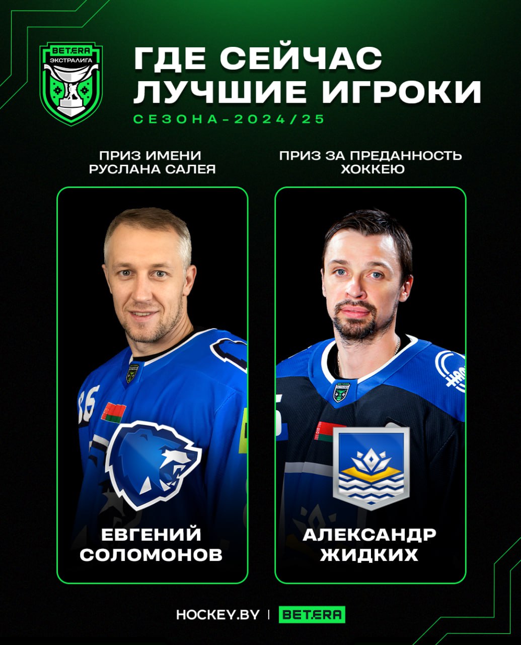 Мастера на месте Легенда Betera Экстралиги Александр Жидких по итогам прошлого сезона в ЧЕТВЕРТЫЙ РАЗ ПОДРЯД получил награду За преданность хоккею Хотя нападающий Химика признавался что летом думал о завершении карьеры Посовещался с Сергеем Пушковым Он сказал пока есть силы не вздумай заканчивать карьеру Евгений Соломонов на минувшей церемонии закрытия был удостоен статуэтки Руслана Салея Награда вручается хоккеисту проявившему лучшие лидерские качества как на льду так и за пределами ледовой площадки Летом Витебск нападающего стал первой белорусской командой выигравшей квалификационный раунд Евро Азиатского Кубка Дружбы extraligaby