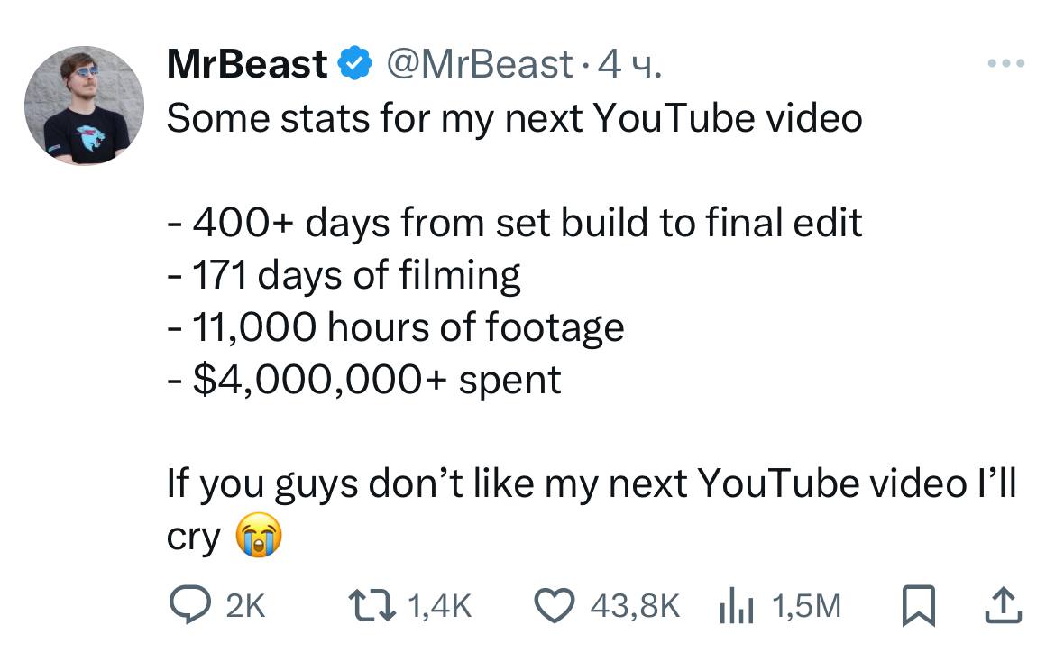 Следующее видео MrBeast снималось 171 день и стоило больше $4 миллионов. Оно выйдет в субботу 21 июня. О чем будет видео, Джимми не рассказал, но общее время отснятых материалов составило 11 000 часов, а на подготовку и съемку ушло больше 400 дней. При этом вряд ли хронометраж ролика превысит привычные для блогера 30–40 минут.