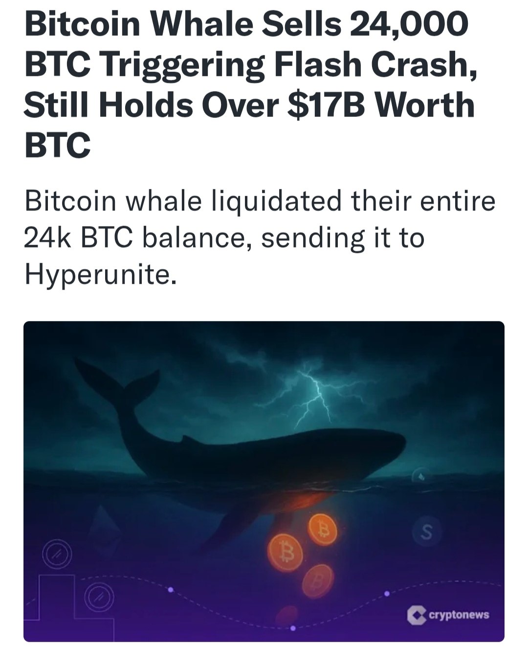 Кит продал 24 000 BTC 2 7 млрд обвалив курс на 4000 У него осталось ещё 152 000 BTC 17 млрд их продажа может опустить цену до 60 70k Так могут себе позволить только те кто купил биткойны по 10 в 2010 м Бизнес Подписаться