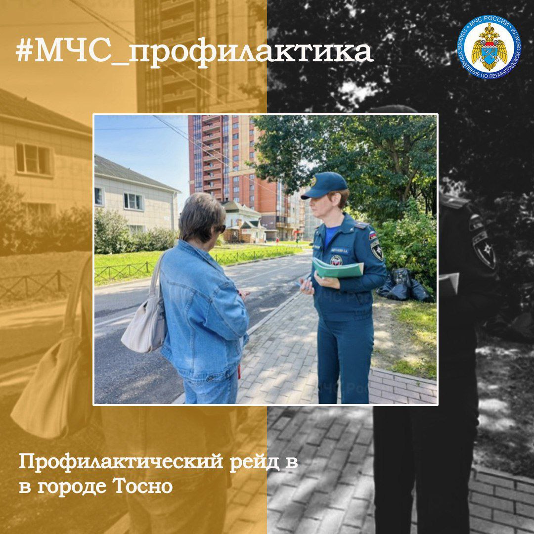 Профилактический рейд в Тосно    В Тосно среди жителей многоквартирных домов был проведен профилактический рейд.    Жителям рассказали о распространенных причинах пожаров в быту и дали рекомендации, как избежать возгораний. Особое внимание было уделено правилам безопасного использования бытовых электроприборов и газового оборудования.    В рамках рейда сотрудники МЧС России напомнили гражданам номера телефонов экстренных служб.  #МЧС_профилактика МЧС Ленинградской области