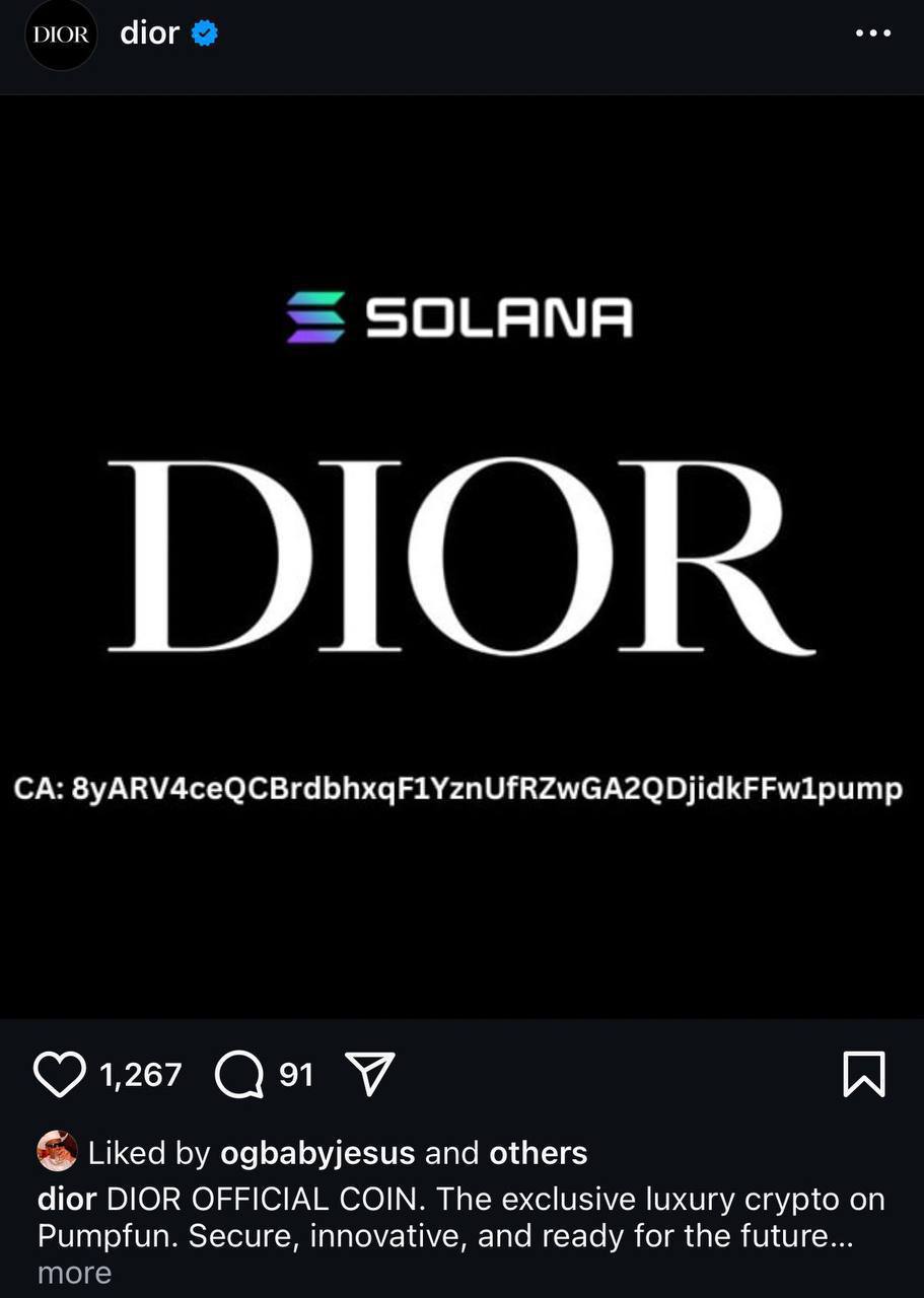 Хакеры взломали аккаунт в Instagram бренда Dior для пиара очередной скам-монеты на Solana   Рыночная капитализация токена Dior Coin  DIOR  быстро взлетела до $1 млн, но и также быстро опустилась до 0.    Картотека Все по полочкам