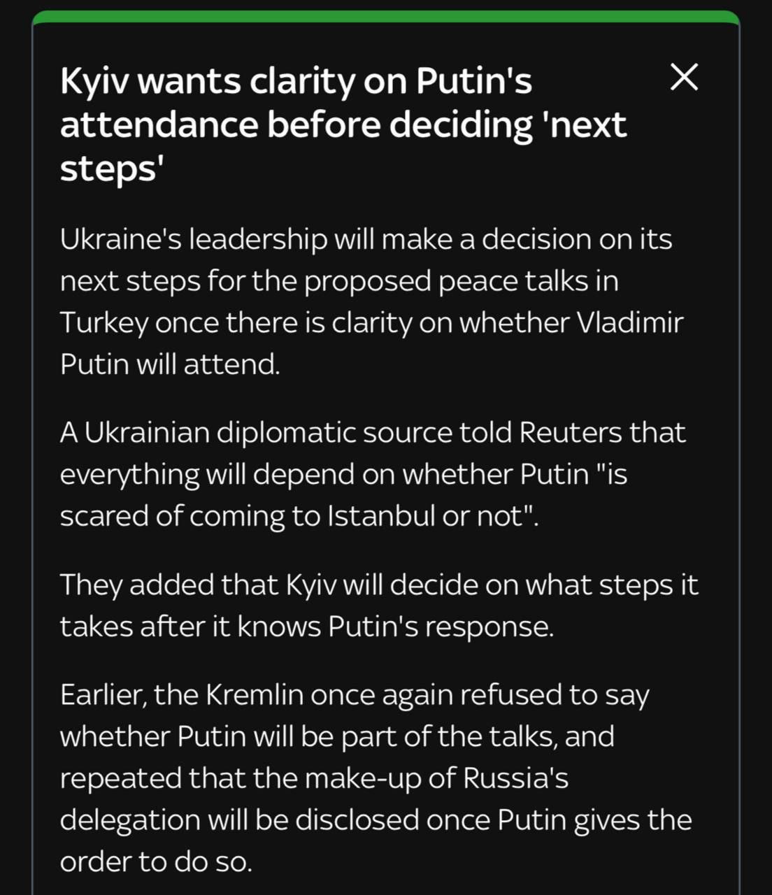 Киев ожидает ясности по поводу участия Путина в переговорах в Турции, - Sky News Украинская сторона хочет получить чёткий ответ относительно возможного присутствия Владимира Путина в Турции, прежде чем принимать решение о своих дальнейших действиях, сообщает Sky News. Какие хохлы непостоянные, вначале заявляют, что никогда не будут общаться с Путиным, теперь хотят только Путина и никого другого, вот что у них в голове? ТалипоV Подписаться