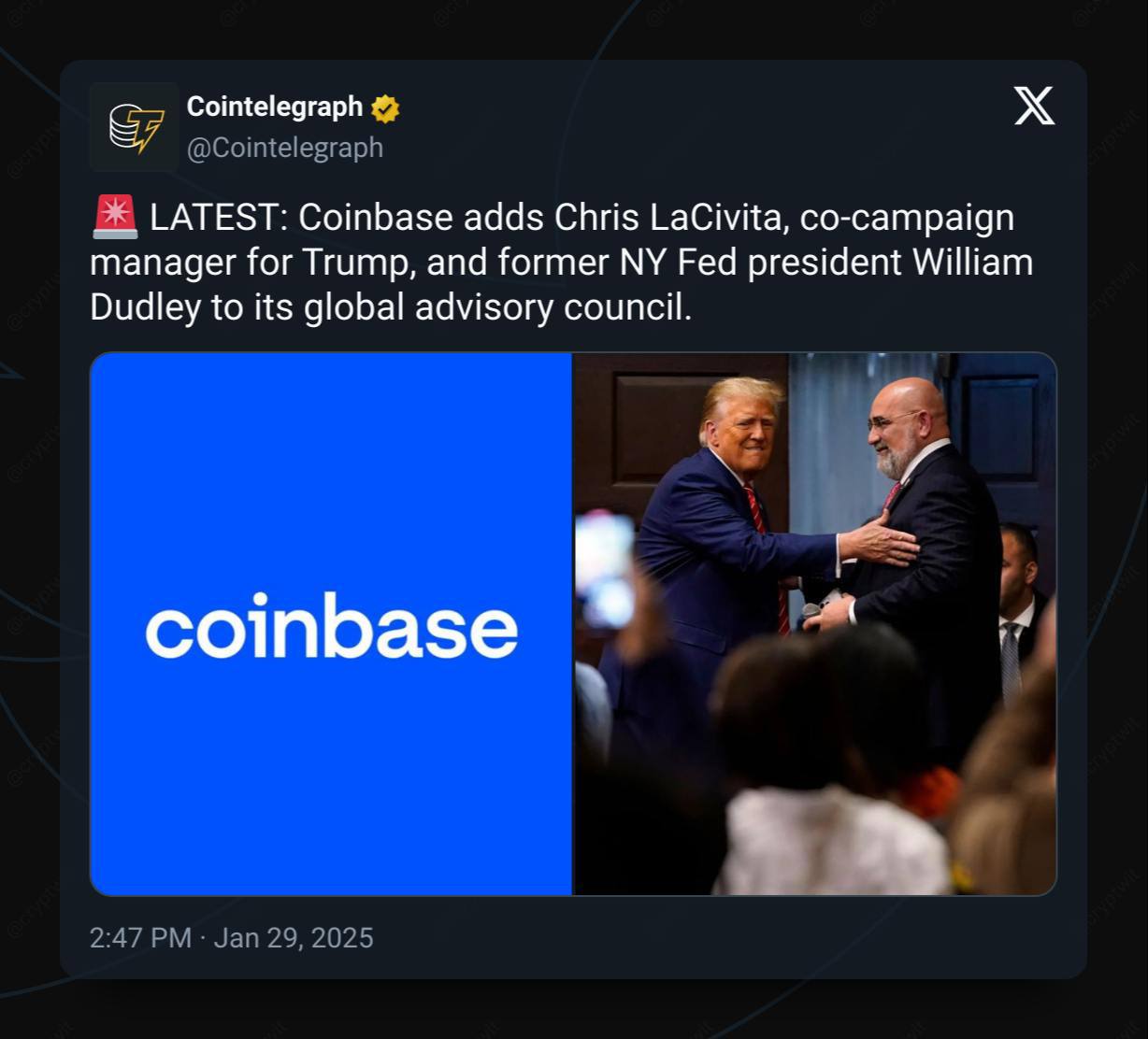 Coinbase усиливает связи     В глобальный консультативный совет Coinbase вошли:    — Крис Ласивита – сопредседатель предвыборной кампании Трампа.   — Уильям Дадли – экс-президент Федерального резервного банка Нью-Йорка.    Coinbase усиливает стратегические связи с регуляторами и правительством США.