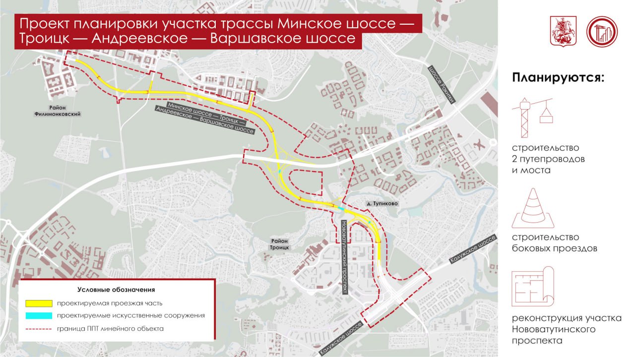 Утвердили проект планировки участка трассы Минское шоссе Троицк Андреевское Варшавское шоссе Он пройдёт от улицы Харлампиева в посёлке Марьино соединение с магистралью Саларьево Московский Марьино до Калужского шоссе   Протяжённость участка рассчитанного на 3 полосы движения по основному ходу составит порядка 6 км На нём будет построено два путепровода и мост через Десну К набережной поведут лестничные сходы   Реконструируем участок Нововатутинского проспекта Сделаем съезды и заезды с проектируемой магистрали на Нововатутинский проспект а также съезд заезд на 1 ю и 3 ю Нововатутинские улицы Кроме того планируем построить элементы транспортной развязки на пересечении с планируемой магистралью Мамыри Пенино Шарапово со съездами в сторону шоссе Ракитки улицы Александра Печерского деревни Кончеево и Калужского шоссе Будет реконструирована прилегающая улично дорожная сеть включая проектируемые проезды 8937 и 8064 Всё это улучшит транспортное обслуживание жителей районов Троицк и Филимонковский а также обеспечит удобный подъезд к будущей станции Кедровая Троицкой линии метро   В перспективе проектируемый участок станет частью новой поперечной магистрали в ТиНАО которая соединит Киевское шоссе магистрали Саларьево Московский Марьино и Мамыри Пенино Шарапово Калужское шоссе и Варшавское шоссе Андреевское Яковлево Завершить строительство магистрали планируется в 2029 г Подписаться на МАХ