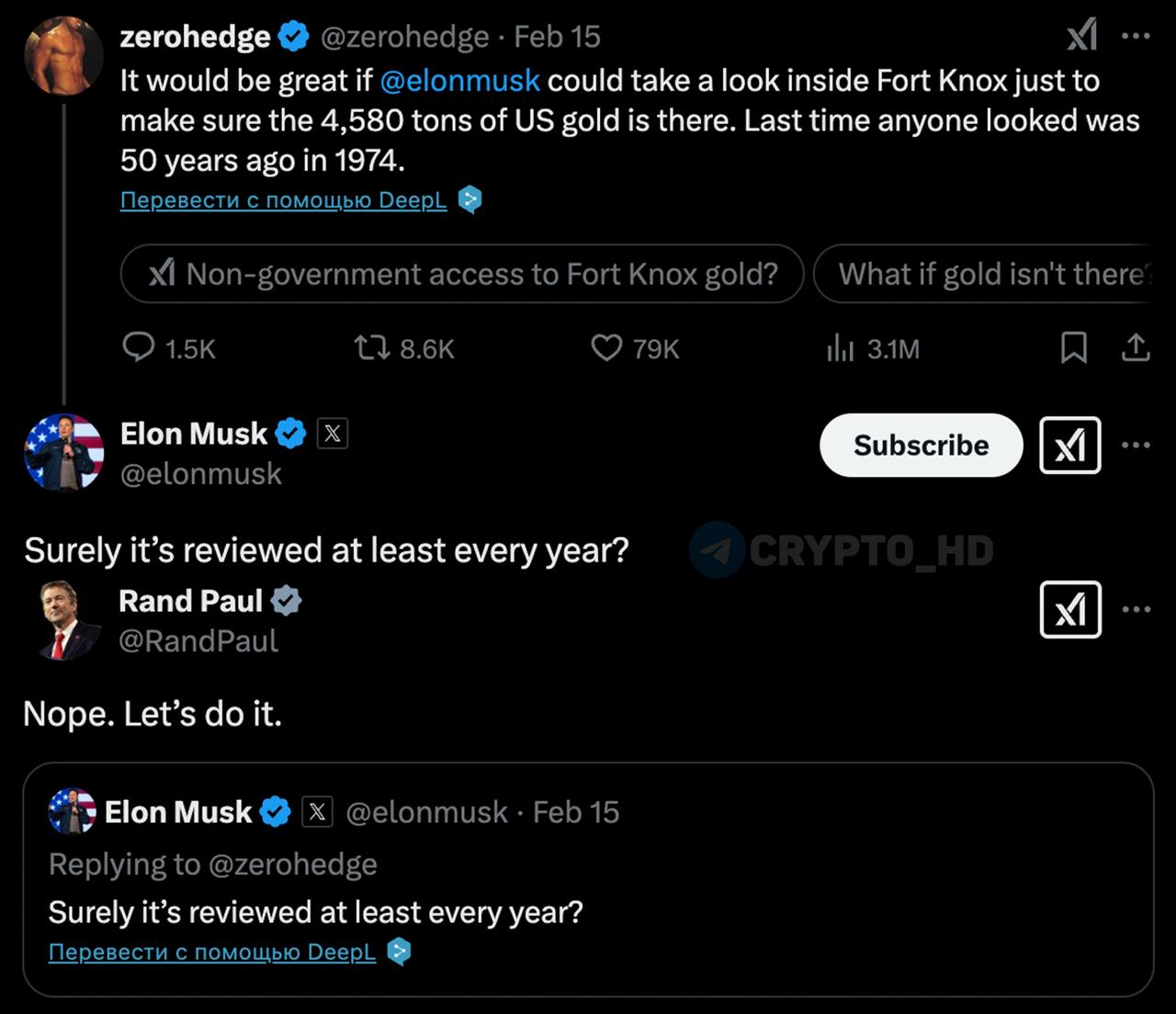 Сенатор Рэнд Пол призывает D.O.G.E Илона Маска провести аудит золотых запасов США в Форт-Ноксе, чтобы убедиться, что они все еще там  original   Синтия Ламмис: «BTC-резерв можно будет легко проверить в любое время суток с обычного компьютера».  Ранее: генпрокуроры vs D.O.G.E  Crypto Headlines