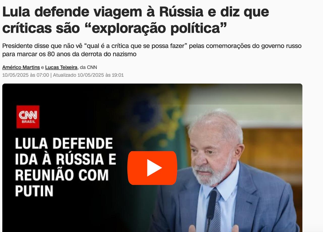 Лула да Силва предложил себя посредником по Украине – CNN Brasil Президент Бразилии Луис Инасиу Лула да Силва, по данным CNN Brasil, на переговорах с Путиным 9 мая в Кремле предложил свою кандидатуру в качестве посредника на возможных переговорах с Украиной. Обсуждались и совместные предложения Пекина и Бразилиа по урегулированию. По словам Аморима, позиция Лулы близка к подходу администрации Трампа – начать реальные переговоры как можно скорее. Он также призвал Евросоюз перестать топтаться на месте и включиться в процесс. Ранее на фоне заявлений США о возможном выходе из переговоров советник президента Бразилии по международным вопросам Селсу Аморим говорил, что посредничество больше «не исключительная прерогатива великих держав». Осташко! Важное подпишись #важное