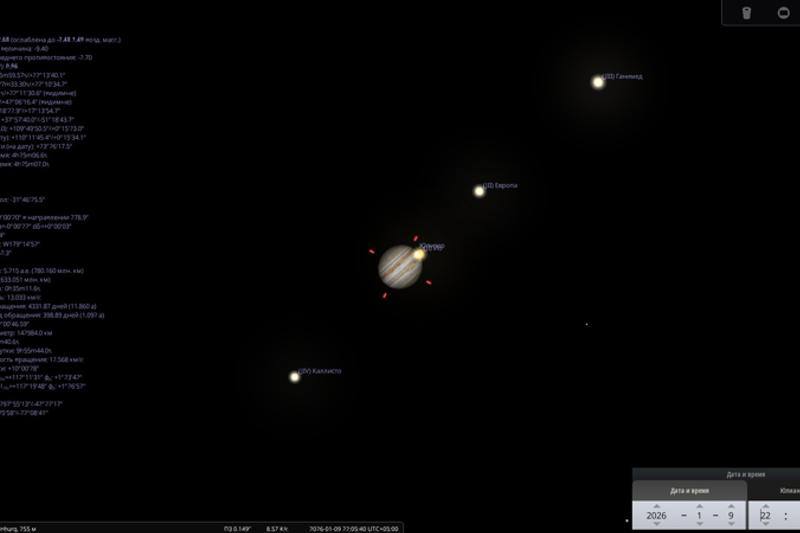 В ближайшую пятницу 9 января Земля и Юпитер окажутся на минимальном расстоянии друг от друга Как сообщил астроном УрФУ Владилен Санакоев газовый гигант сейчас является вторым по яркости объектом ночного неба после Луны поэтому его будет легко заметить даже без профессиональной техники Планета взойдет на востоке в созвездии Близнецов и будет видна до самого утра достигнув наивысшей точки около полуночи Благодаря рекордному сближению в обычный бинокль можно будет рассмотреть не только саму планету но и ее крупнейшие спутники Ио Европу Ганимед и Каллисто ЕАН в MAX ЕАН в VK