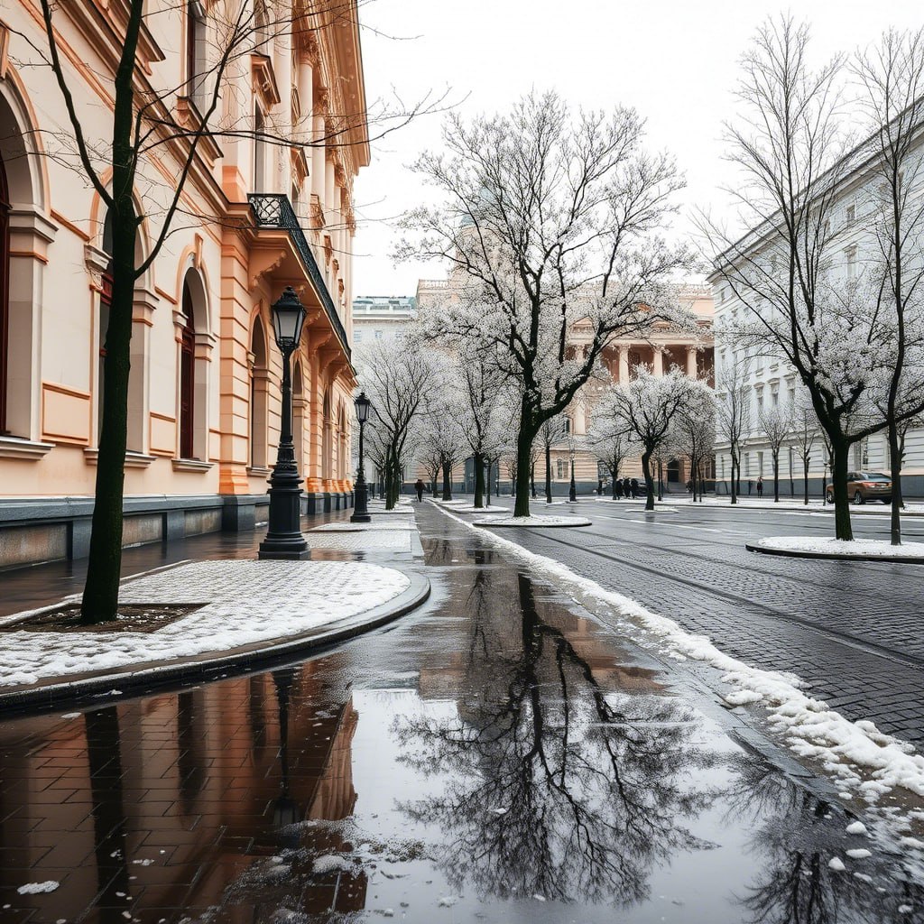 Весна в Санкт-Петербурге начинается с непогоды  В ближайшие дни над территорией города остановится облачная погода, горожан ждут дожди и мокрый снег. Температура воздуха ночью будет держаться в пределах 0...-3°С, а днём столбики термометров поднимутся до значений +2...+5°С. Начиная с пятницы количество осадков может существенно сократиться.  Фото: нейросеть