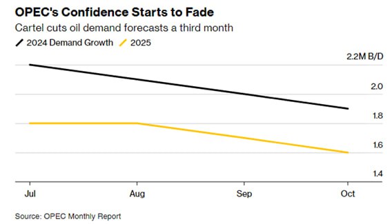 ОПЕК вновь снижает прогноз роста мирового спроса на нефть   ОПЕК третий месяц подряд снизила свои прогнозы по росту спроса на нефть в 2024 и 2025 годах, признавая замедление мирового потребления топлива.  Глобальное потребление нефти увеличится на 1,9 млн баррелей в день — примерно на 2% — в 2024 году, или на 106 000 баррелей в день меньше, чем прогнозировалось ранее, заявила Организация стран-экспортеров нефти в своем ежемесячном отчете.  Пересмотр был «в значительной степени обусловлен фактически полученными данными в сочетании с несколько более низкими ожиданиями» для некоторых регионов.  Но даже после понижений ее оценки спроса, прогнозы остаются аномалией — выше банков и торговых домов Уолл-стрит и на верхней границе диапазона, ожидаемого Aramco, пишет Bloomberg. Это примерно вдвое больше, чем прогнозировало МЭА.