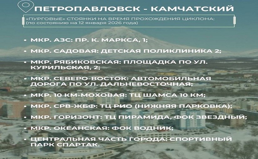 Мэрия Петропавловска обратилась к автовладельцам Их просят убрать транспорт на пурговые площадки Юг Камчатки остается в зоне влияния обширного охотоморского циклона Администрация Петропавловска Камчатского призвала горожан парковать личный автотранспорт на пурговых площадках чтобы не создавать помех спецтехнике Подробности по ссылке   kamtime ru article d95346b1 d240 4714 bef7 e5cbcfe30ff3