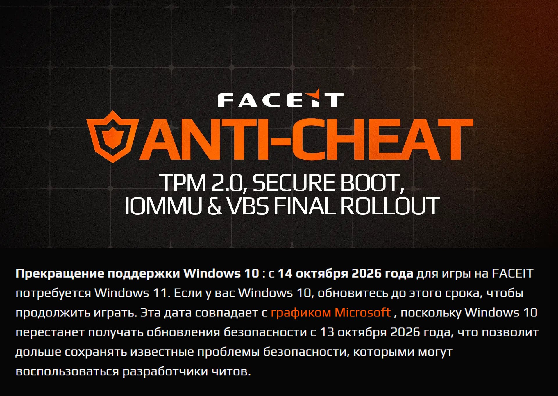 Популярный античит FACEIT прекратит поддерживать Windows 10 с 14 октября 2026 года разрабы официально объявили печальную новость Также с 25 ноября площадка будет требовать TPM 2 0 и Secure Boot от ВСЕХ игроков У КСеров траур Бэкдор