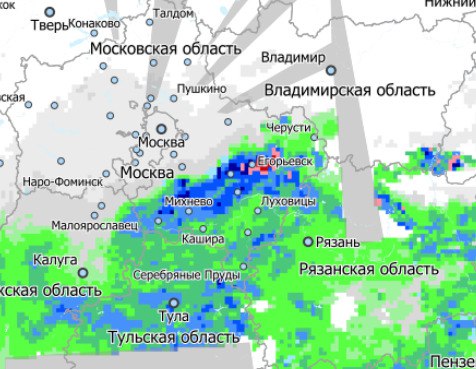 На карте показано положение фронтальной зоны южного циклона на 9 утра 4 августа. Зона  дождей и  грозовой деятельности достигла столичного региона. Дождь начался в Егорьевске, а в период 10-12 часов зона осадков накроет всю Москву.